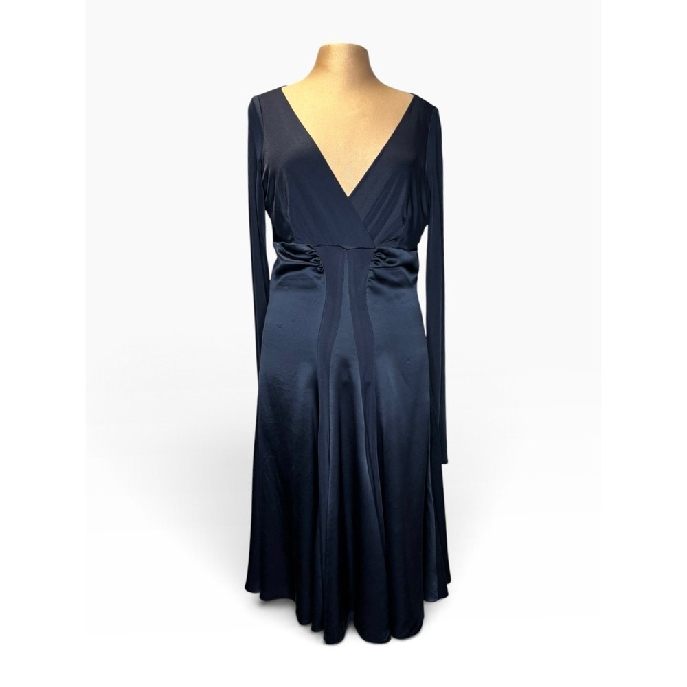 Atos Lombardini Dress Womens 44 Navy Blue Good Satin V-Neck Long Sleeve Italy
